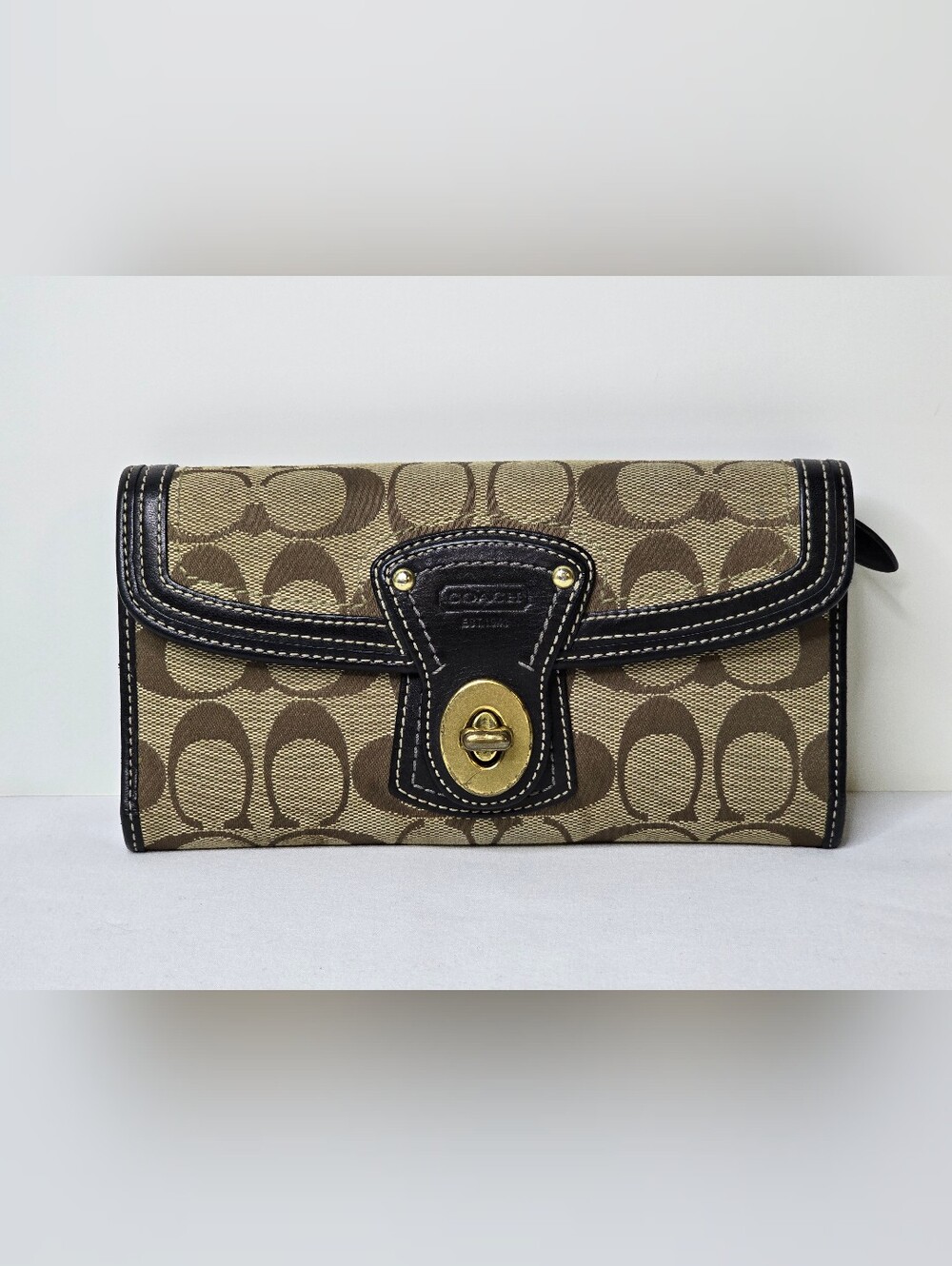 Vintage Coach Signature Canvas Turnlock Envelope Flap Long Wallet Brown Khaki